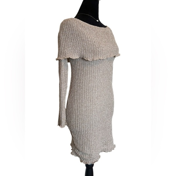 NWT🆕 Windsor Woman’s Medium Fold Over Knit Taupe Ruffled Long-Sleeve Mini Dress - Picture 5 of 12